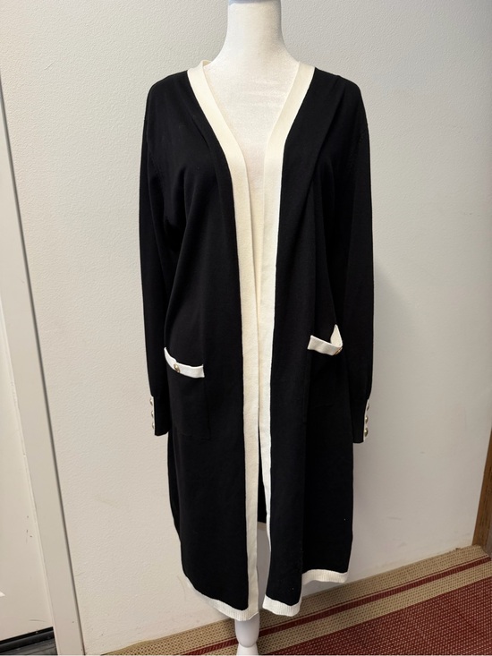 Sweaters - Essentials Milano Long Open Front Cardigan Sweater Black White Size L Modest